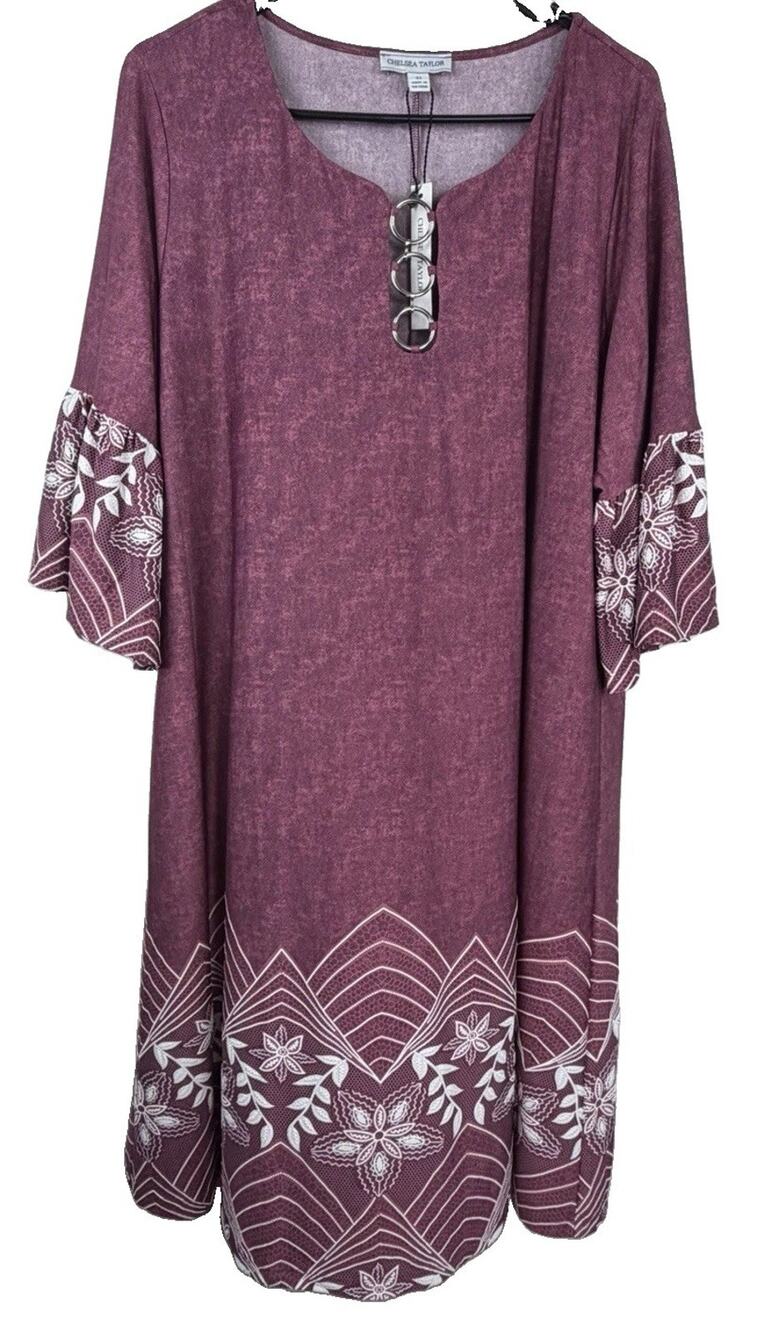 Chelsea Taylor Women’s Mauve White Flared Dress Knee Length 3/4 Flared Sleeve 2X
